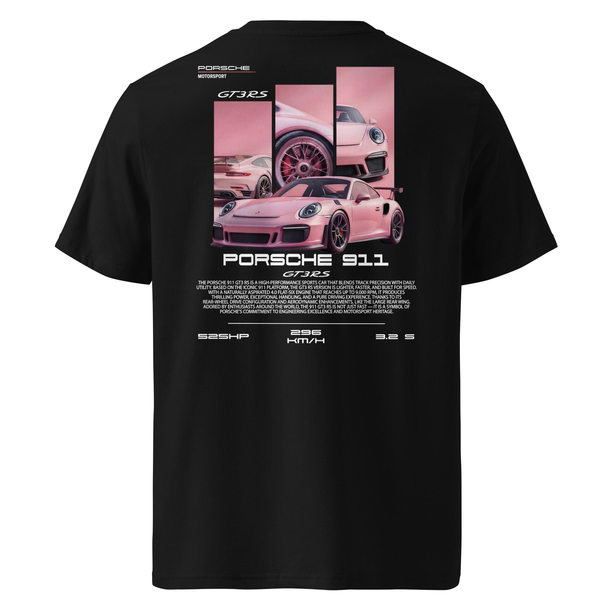 Black streetwear t-shirt featuring PORSCHE 911 car graphic print