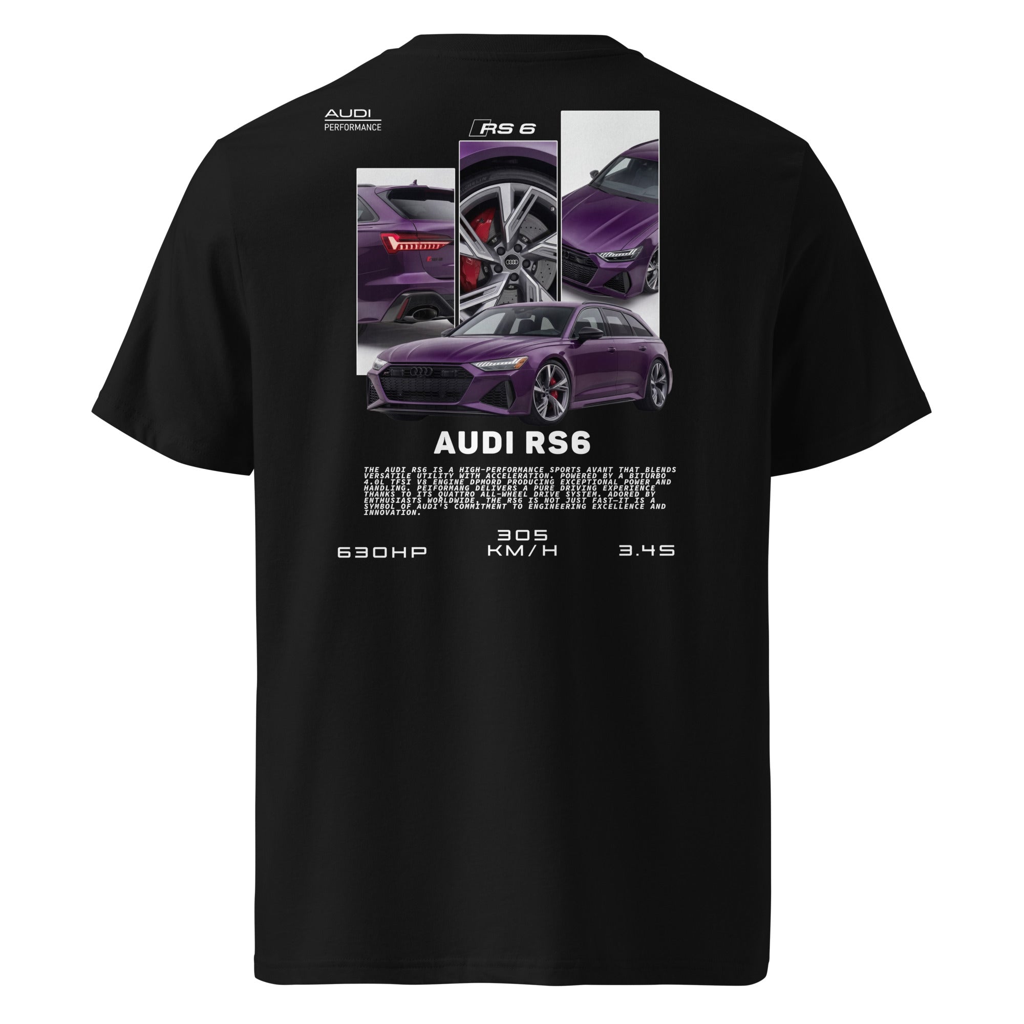 Black streetwear t-shirt featuring Audi RS6 car graphic print